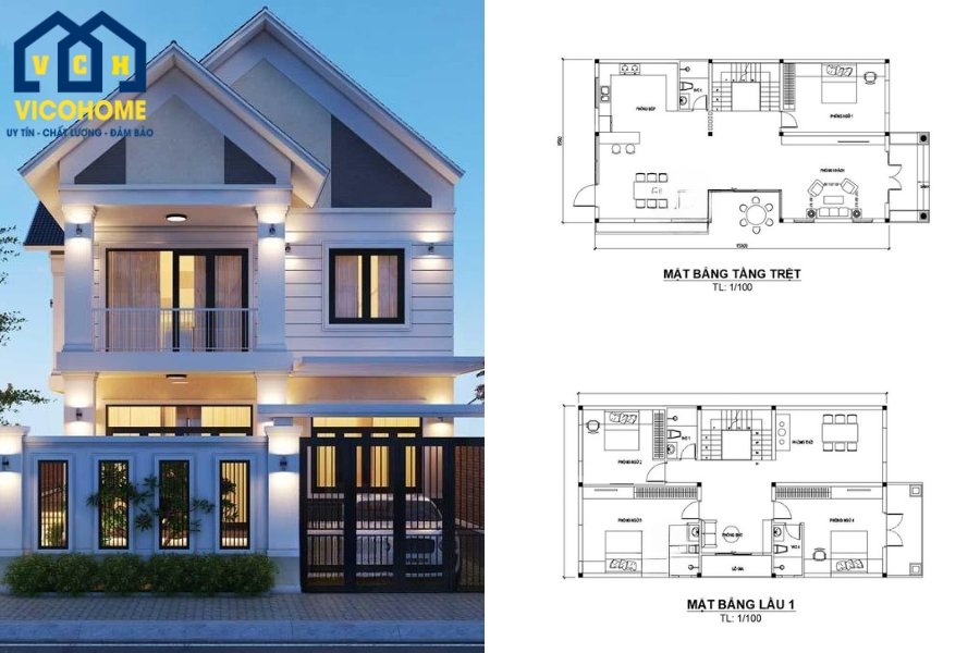 Mẫu nhà 2 tầng mái Thái 7x15m 4 phòng ngủ